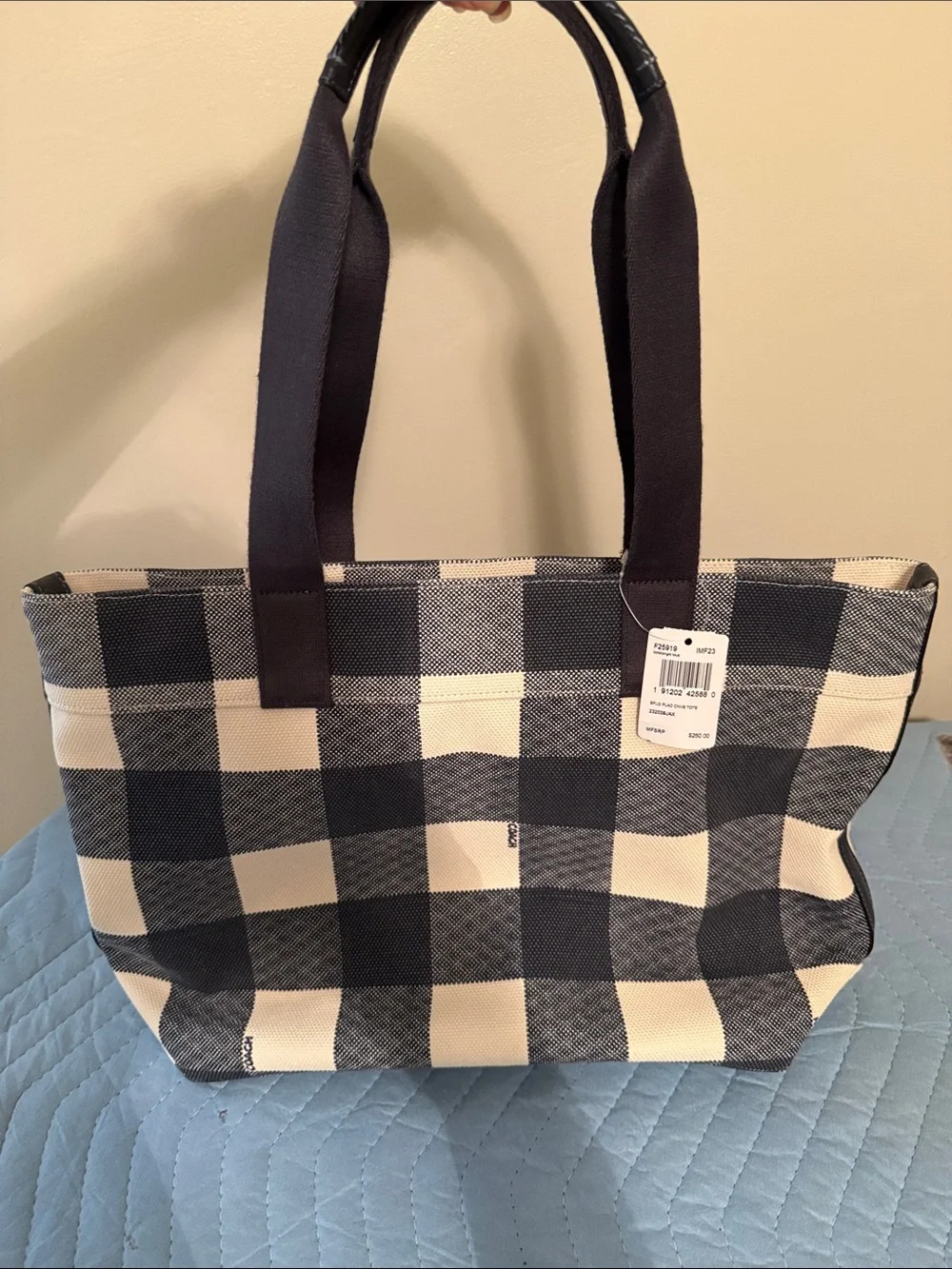 Coach Cream and Blue Buffalo Check Canvas Tote with Long Straps
